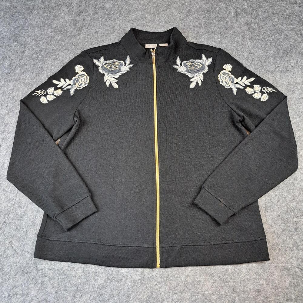 Chicos Jacket Womens 1 US 8/10 Black Floral Embroidered Full Zip Knit Sweater